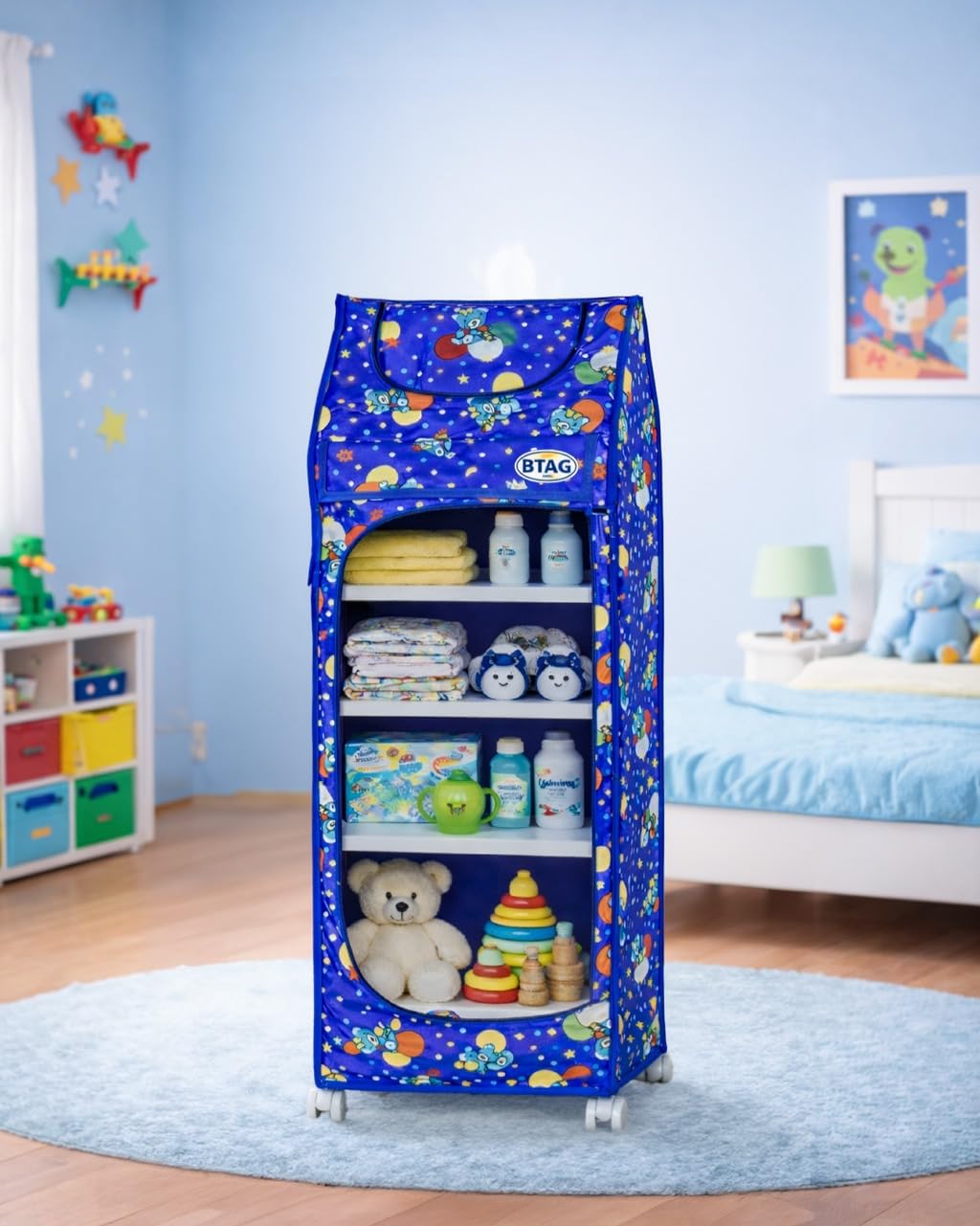 Btag Elegant Baby Wardrobe Organizer | Multi-Use Kids Almirah for Clothes, Toys, Shoes & Books | Durable, Collapsible Design with 5 Storage Trays Size 46L x 30W x 125H CM (Blue)-image-16
