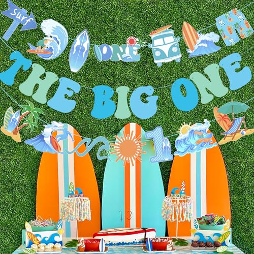 Image of Surf The Big One Banners Retro 3PCS Beach Surfing 1st Birthday Banners The Big One Party Supplies for Summer Beach Surfing First Birthday Party Decor