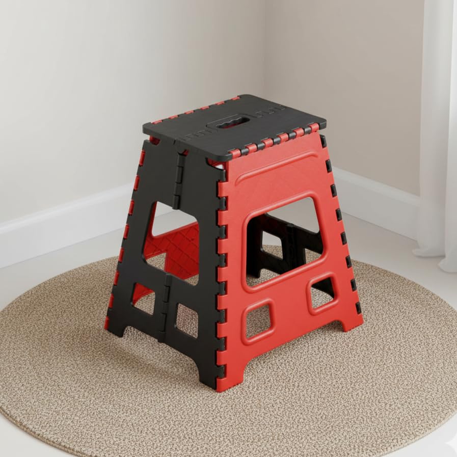 Image of U-MAX 18 INch Folding Step Stool, Portable, Heavy Duty Plastic with Anti-Slip Surface Space-Saving Foldable Stool for Kids & Adults (Red-Black)