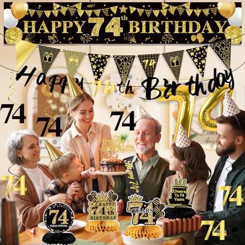 Image of 74th Birthday Decorations for Men, Black Gold 74th Party Decoration Kits | 27pcs Happy 74th Birthday Set, Banner, Honeycomb, Balloons, Gold Number, Candle, Hanging Swirls, Cake Topper, Party Supplies