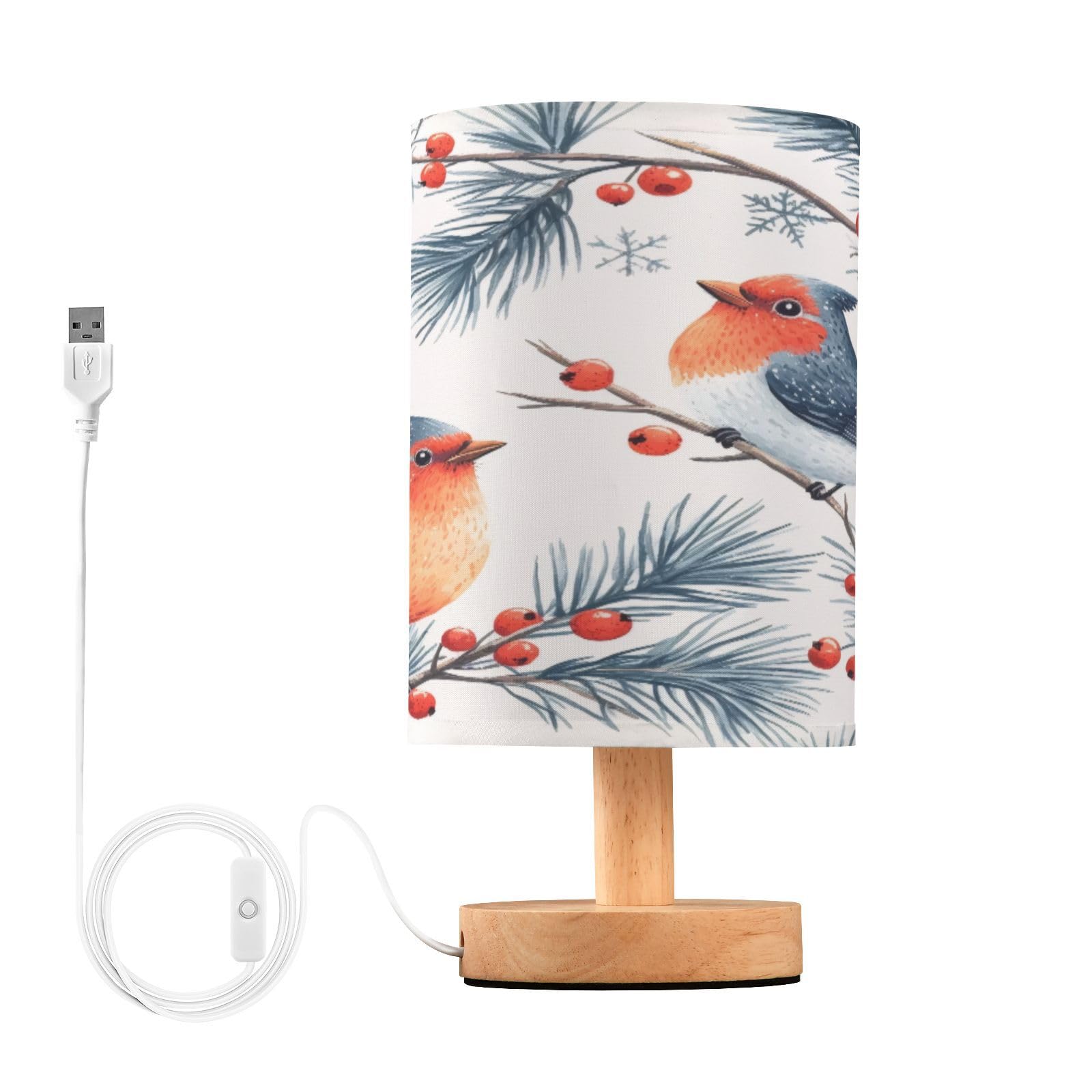 xigua Christmas Robin Bedside Table Lamp, Nightstand Lamp with Linen Fabric Shade - Wooden LED Desk Lamps for Bedrooms, Study Room, Home, College Dorm, Office