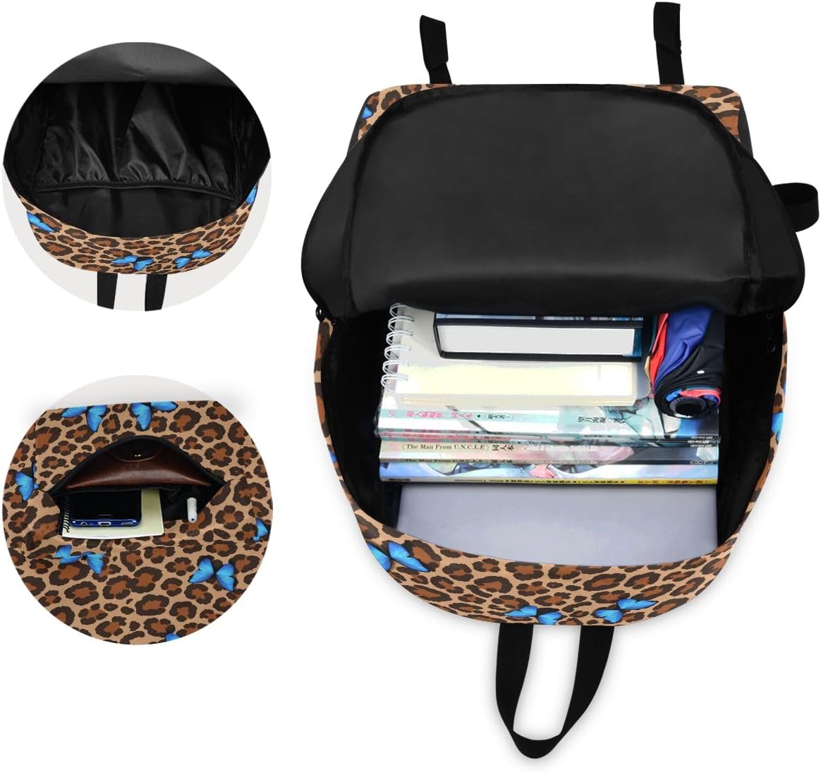 Bolaz Blue Butterfly Leopard Cheetah Print Backpack, Travel Rucksack Lightweight School Bookbag Daypack for Adults Teen Students Boys Girls One Size