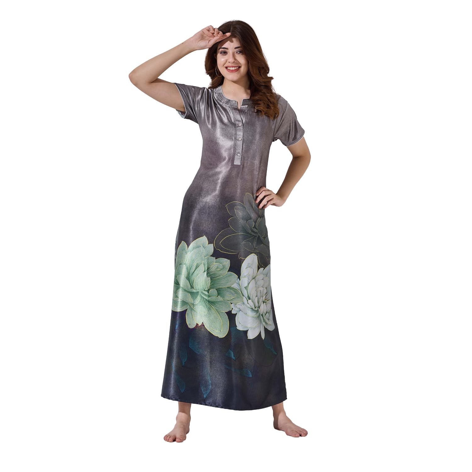 kattly Women’s Italian Satin Nighty | Maxi Nightgown | Digital Print Luxury Nightwear | Soft, Smooth & Relaxed Fit Sleepwear Dress-picture-18
