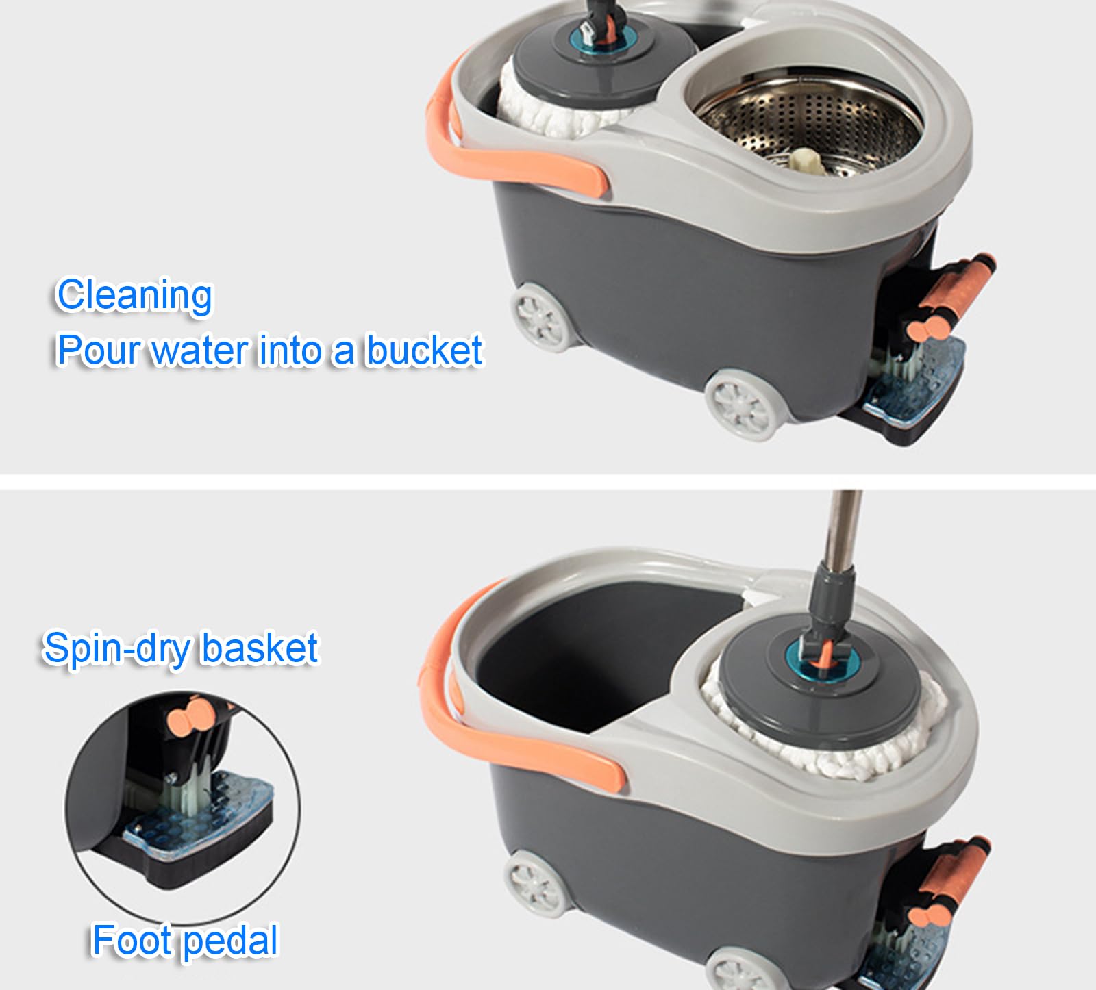 Mopa y cubo escurridor de pedales, fregona giratoria de 360° con mango telescópico, escurridor y escoba de acero inoxidable para una limpieza eficiente y fácil uso