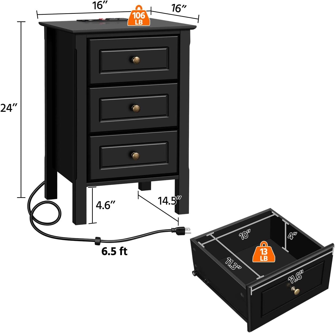 Dimensions of Yaheetech Nightstand and drawer