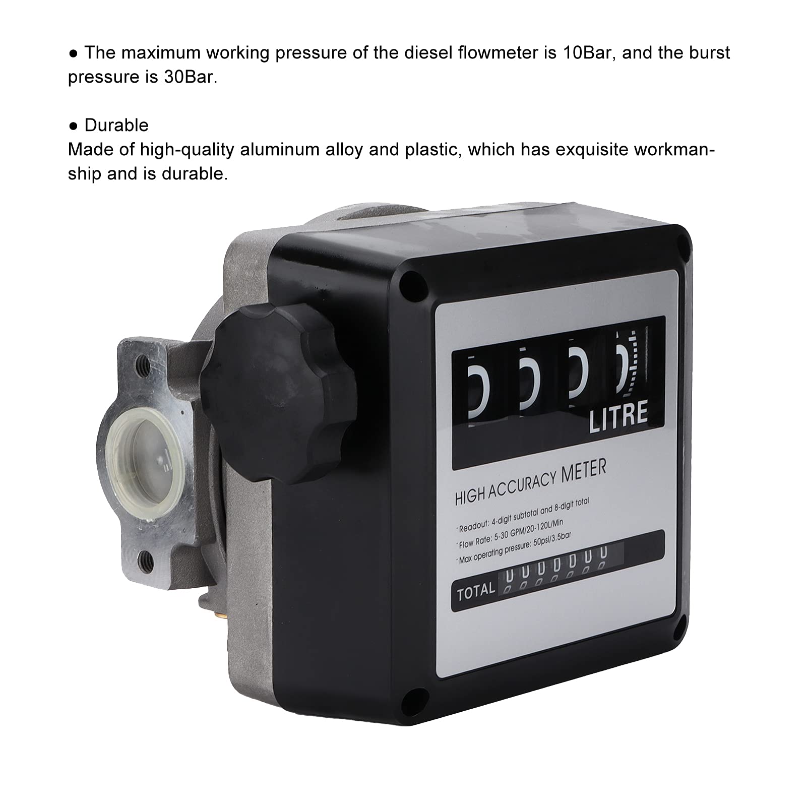 Medidor de flujo de combustible de pantalla grande de 4 dígitos, alta precisión, 530 GPM (20-120 l/min) para gasolina, queroseno, aceite de motor, hecho de ABS y aleación de aluminio, 1 pulgada y 2