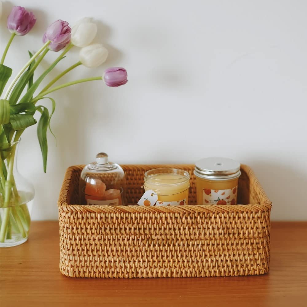 Cesta de Almacenamiento Rectangular portátil de ratán para Cocina, Ideal para Llevar artículos Diversos de Escritorio.