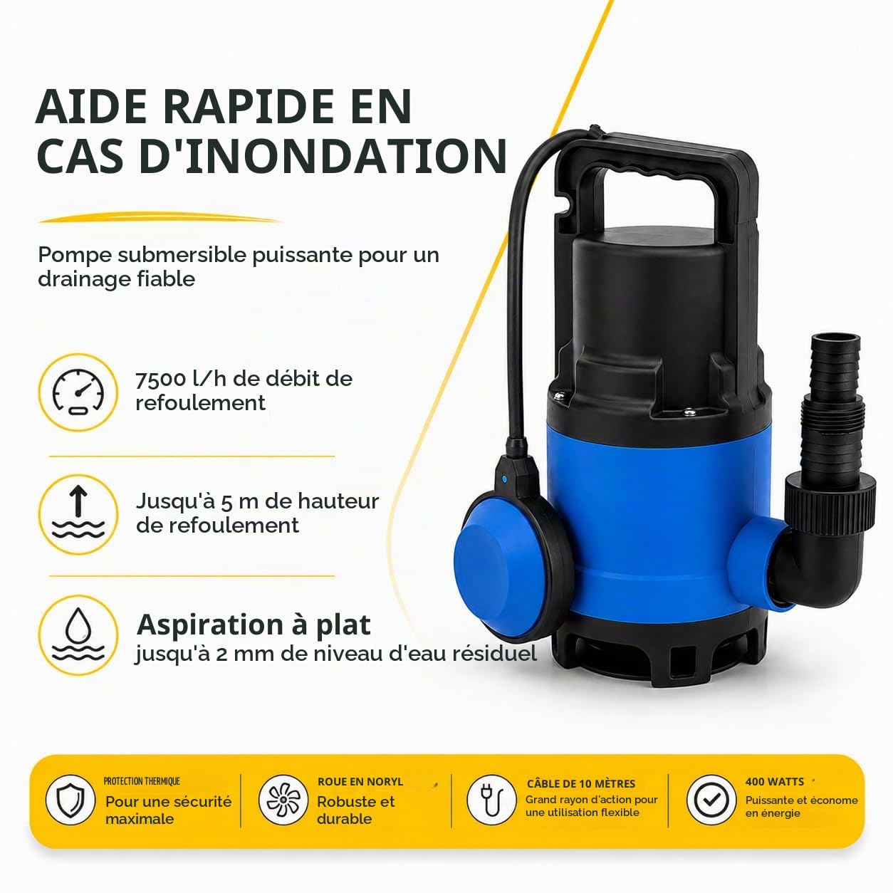 Pompe submersible pour eaux usées 400 W - 7500 l/h, hauteur de livraison de 5 m, profondeur d'immersion 4 m, câble de raccordement de 10 m, interrupteur à flotteur réglable, protection thermique