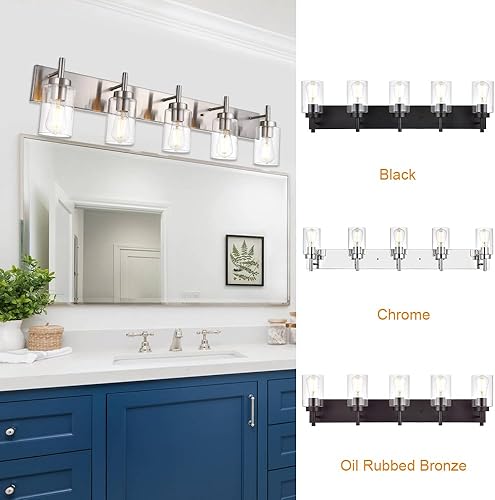 Miniatura 7 de VINLUZ Lámpara de tocador de baño de 5 luces, apliques de níquel cepillado, iluminación de pared, moderna lámpara industrial de montaje en pared