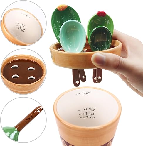 Miniatura 3 de Juego de cucharas medidoras de cactus en olla de cerámica, tazas medidoras y cucharas con soporte para hornear, sal y azúcar