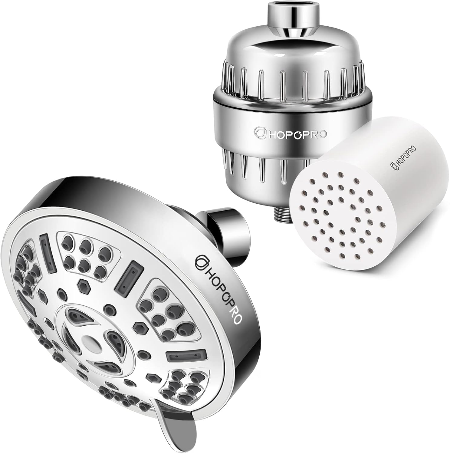 HOPOPRO 9-Setting High Pressure Fixed Shower Head & 18-Stage Shower Filter & Replacement for Healthy Luxury Shower Experience Even at Low Water Flow