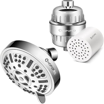 HOPOPRO 9-Setting High Pressure Fixed Shower Head & 18-Stage Shower Filter & Replacement for Healthy Luxury Shower Experience Even at Low Water Flow