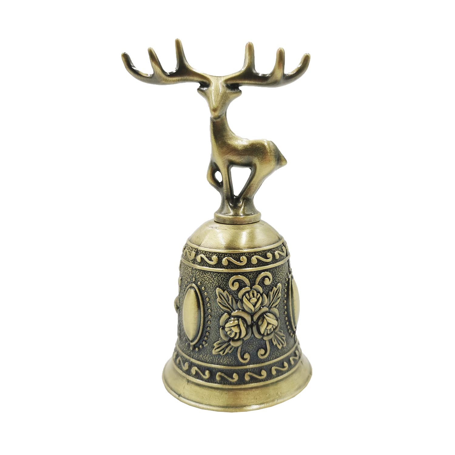 PangmaoDecorative Deer Shape Hand Bell Christmas Metal Dinner Wedding Bells,Vintage Floral Design Decoration (Bronze)