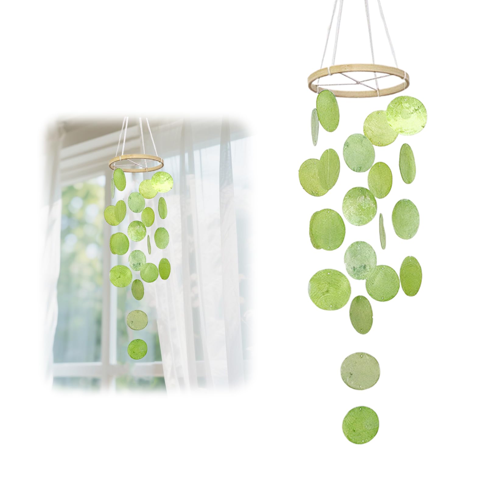 CHIHOLEN Muschel Windspiele, Boho Deko Muschel Traumfänger, Perlmutt Windspiele Garten Deko, Windspiele für Draußen Hängend für Terrasse Rasen Garten(Grün, Fertigprodukt)