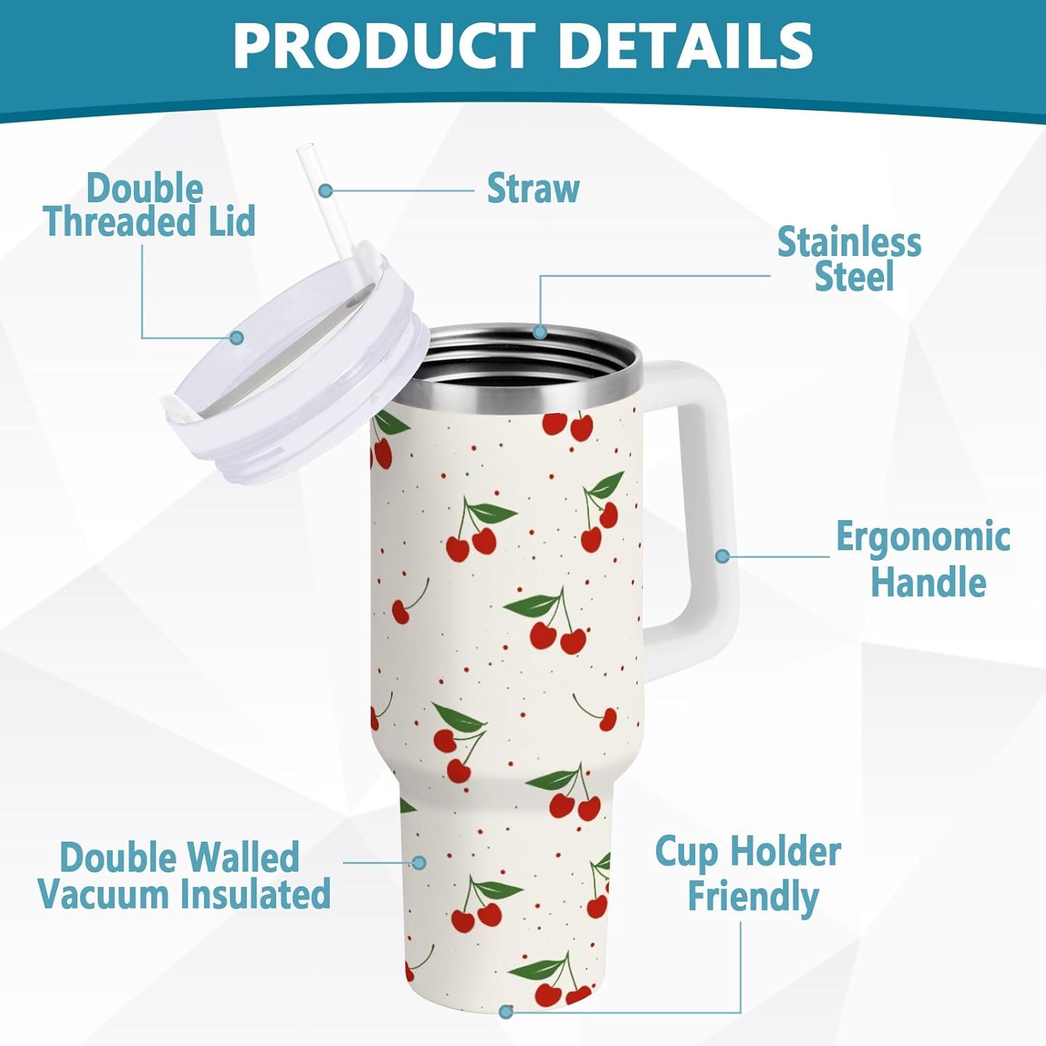 Cherry Print Pattern Stainless Steel Tumbler with Handle and Straw, Water Bottle Reusable Insulated Travel Mug, 40 Ounces - Image 4