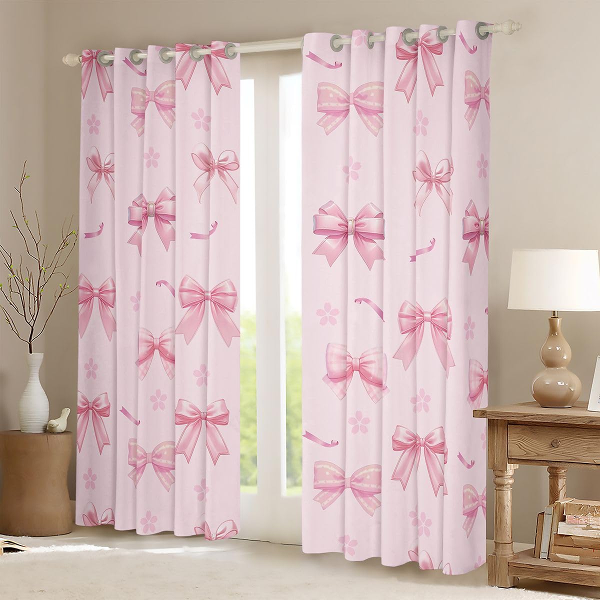 Homewish Wstążka kokardka różowa zasłony okienne, 117 x 183 cm, 2 zestawy paneli – marzycielska księżniczka zasłony zaciemniające, , kokarda, zasłony okienne, kwiat wiśni do sypialni