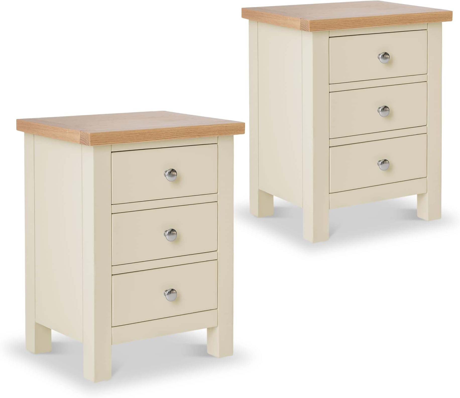 Farro Cream Bedside Tables Set of 2 Cabinet Units with Oak Tops | Roseland Furniture Pair of Solid Wood Painted Side End Night Stands with 3 Drawer Storage for Bedroom or Bathroom | Fully Assembled