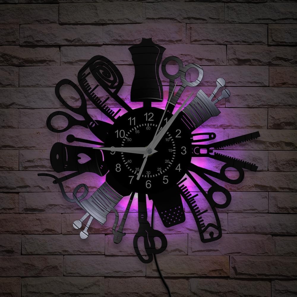 Sewing Wall Clock, 12'' 7 Colors LED Sewing Machine Quilting Vinyl Record Wall Clock Silent Non Ticking, Vintage Decorative Analog Night Light Wall Watch Clock for Tailor's Shop Tailor Gifts