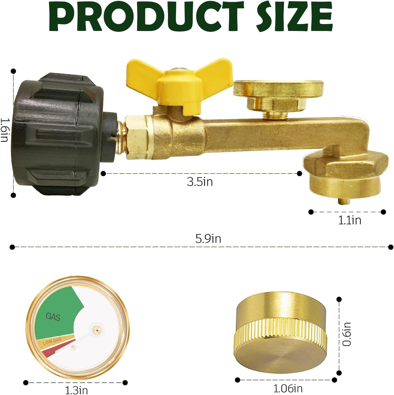 YOUHO Propane Refill Adapter for 1lb 90 Degree Propane Adapter 20lb to 1lb Converter with Gauge and Control Valve for Propane Tank, Heater, Grill Stove, 6 Caps Included, Solid Brass.