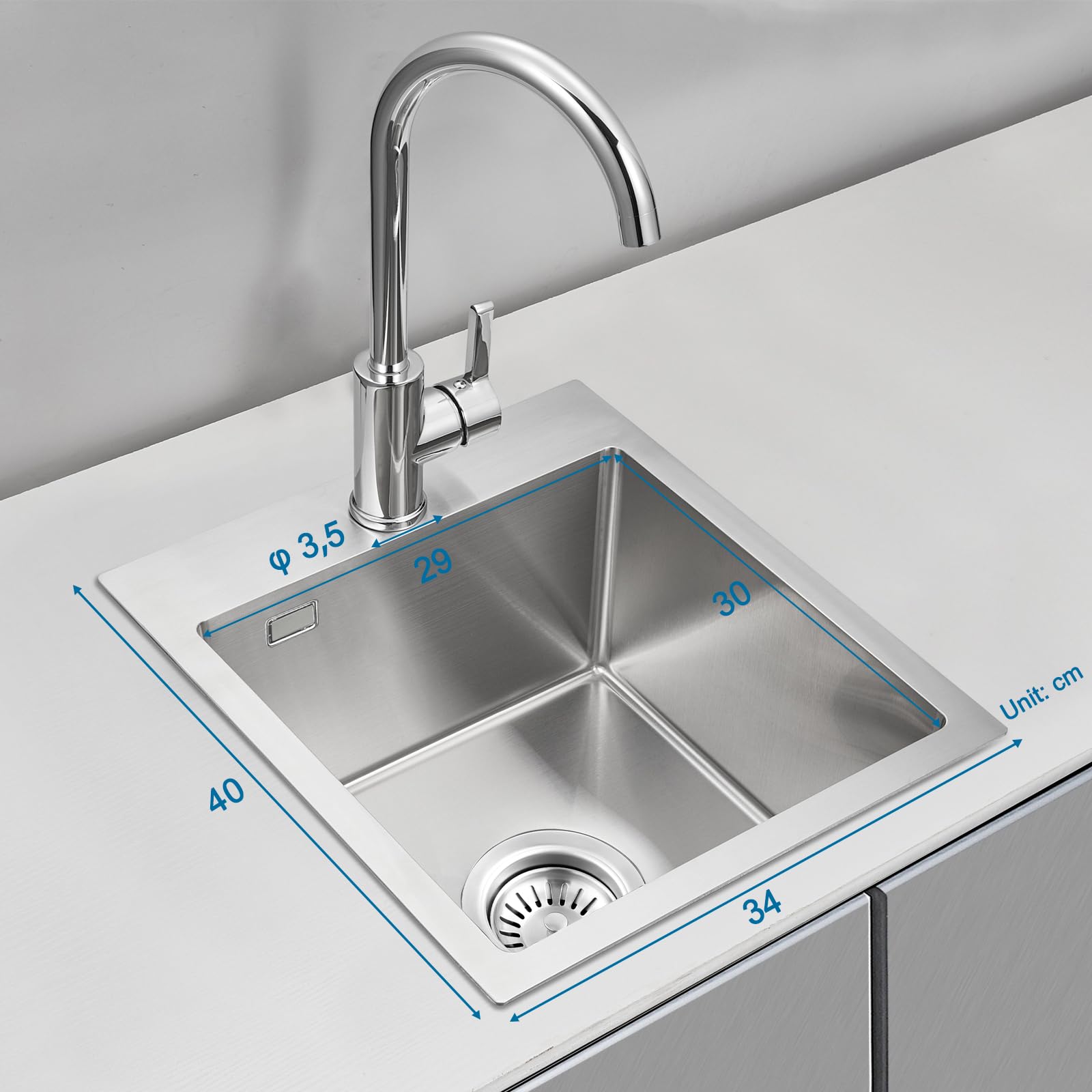 ROVOGO Küchenspüle 40 x 34 cm Edelstahl 304 Gebürstet, Einbauspüle 1 Becken Rechteckig mit Armaturloch, Ablaufgarnitur und Überlauf-Set