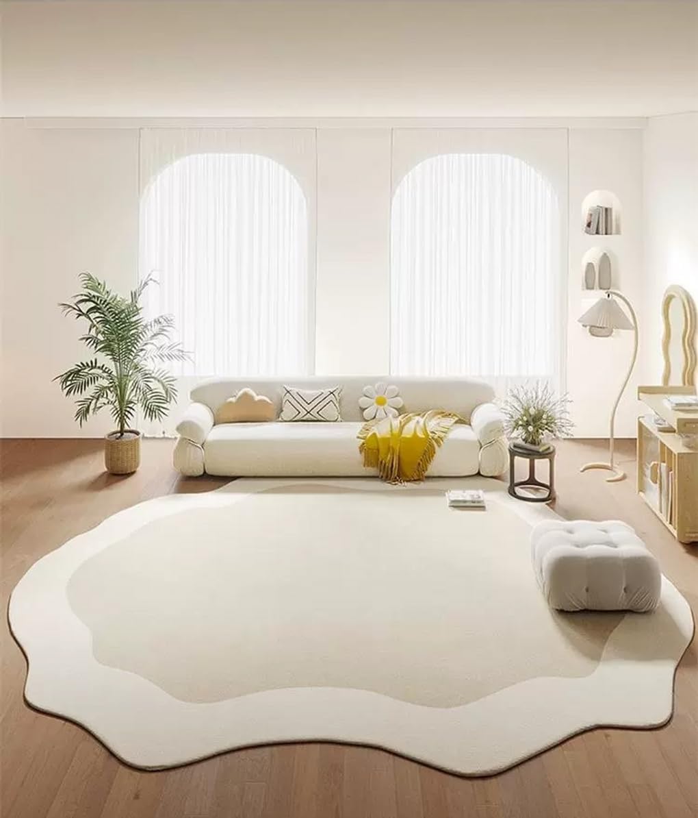Minimalist Cream Beige Irregular Area Rug 5x8 Modern Abstract Shaped Rugs for Living Room Guestroom Meetingroom Unique Designer Low Pile Washable Carpet Funky Boho Bedroom Home Office Anti Slip Mats