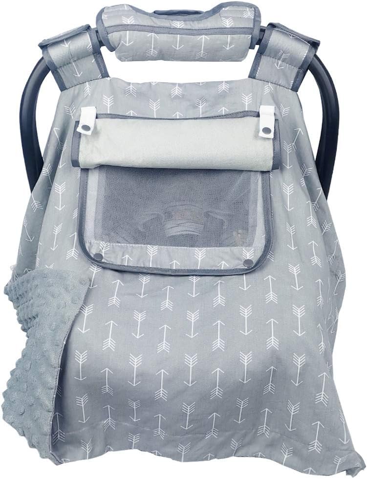 Car seat Covers for Babies boy Girl, Carseat Canopy for Newborn Carrier, 2 Layers Windows of mesh/Fabric, No Shifting on Carrier Handle, Handle Cushion, Cotton & Grey Minky