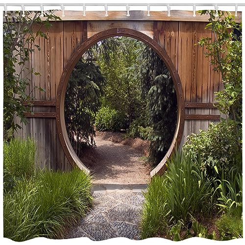 JOOCAR Rideau de douche japonais authentique avec cercle rustique, porte d'entrée ouvrant au parc national, rideau de bain sublime habitat vert marron rideau...