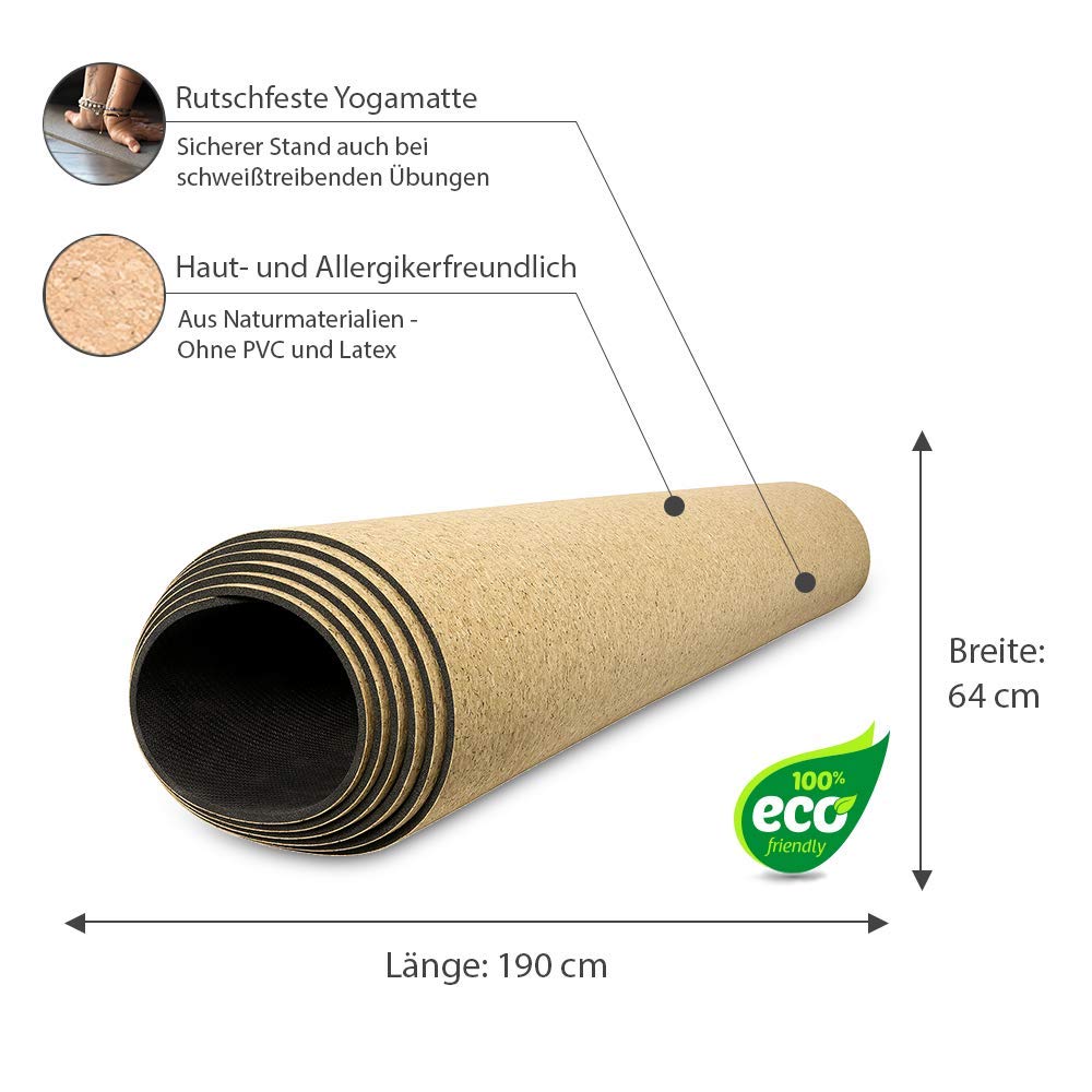 XXL Yogamatte rutschfest - Kork und Naturkautschuk 190cm - Extra lang + Tragegurt + Nachhaltige Yoga Matte groß Überlänge