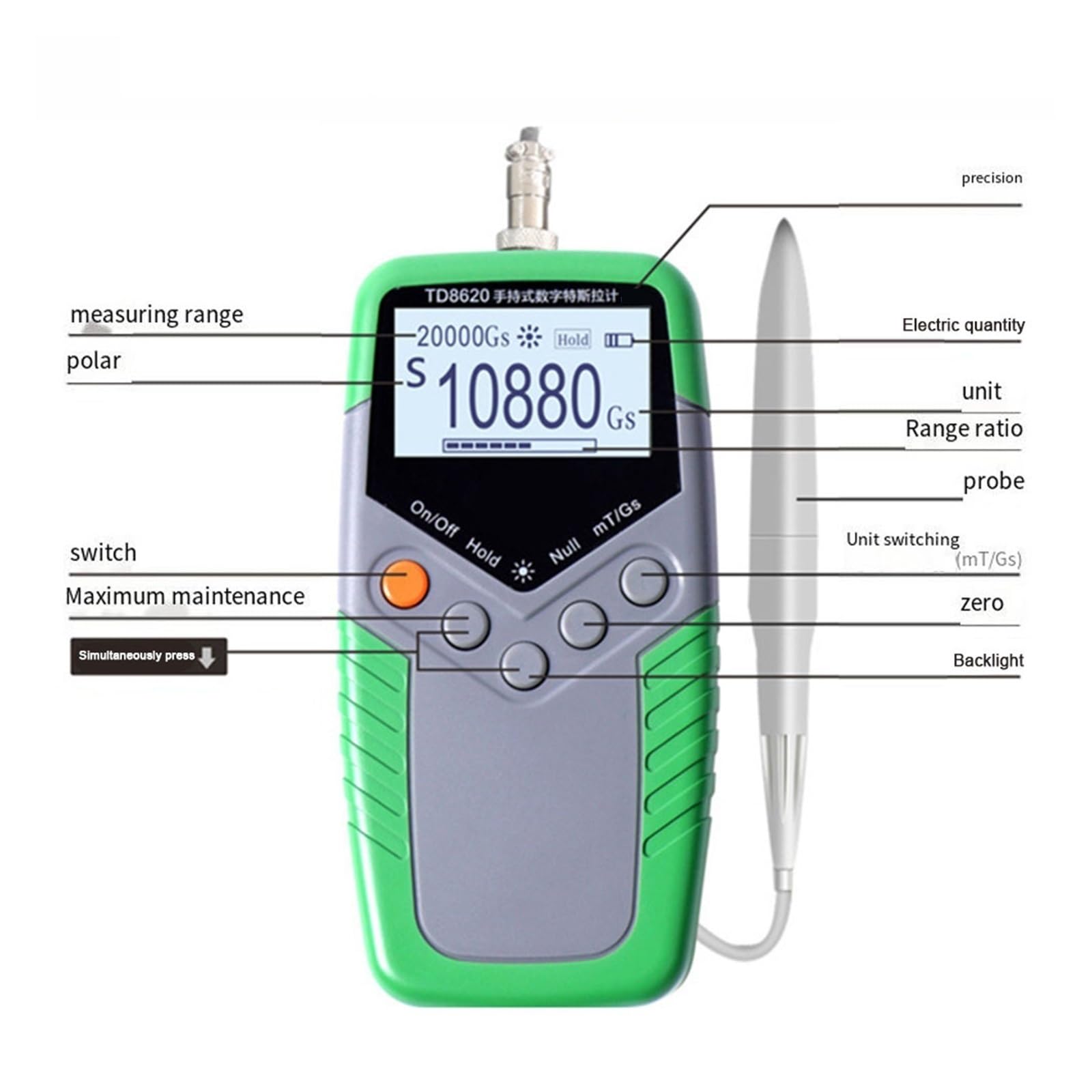 NURII Magnete Gaussmetro Digitale Portatile for misuratore 5% 4 cifre Strumento di misurazione ad Alta sensibilità 0-24000mT