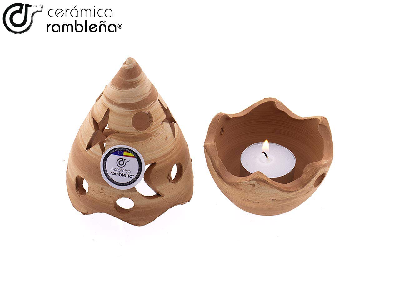 CR CERAMICA RAMBLEÑA | Roter Steingut-Kerzenhalter Modell Bola | Dekorative Kerzenhalter | 100% Handarbeit | 8.5x8.5x15 cm