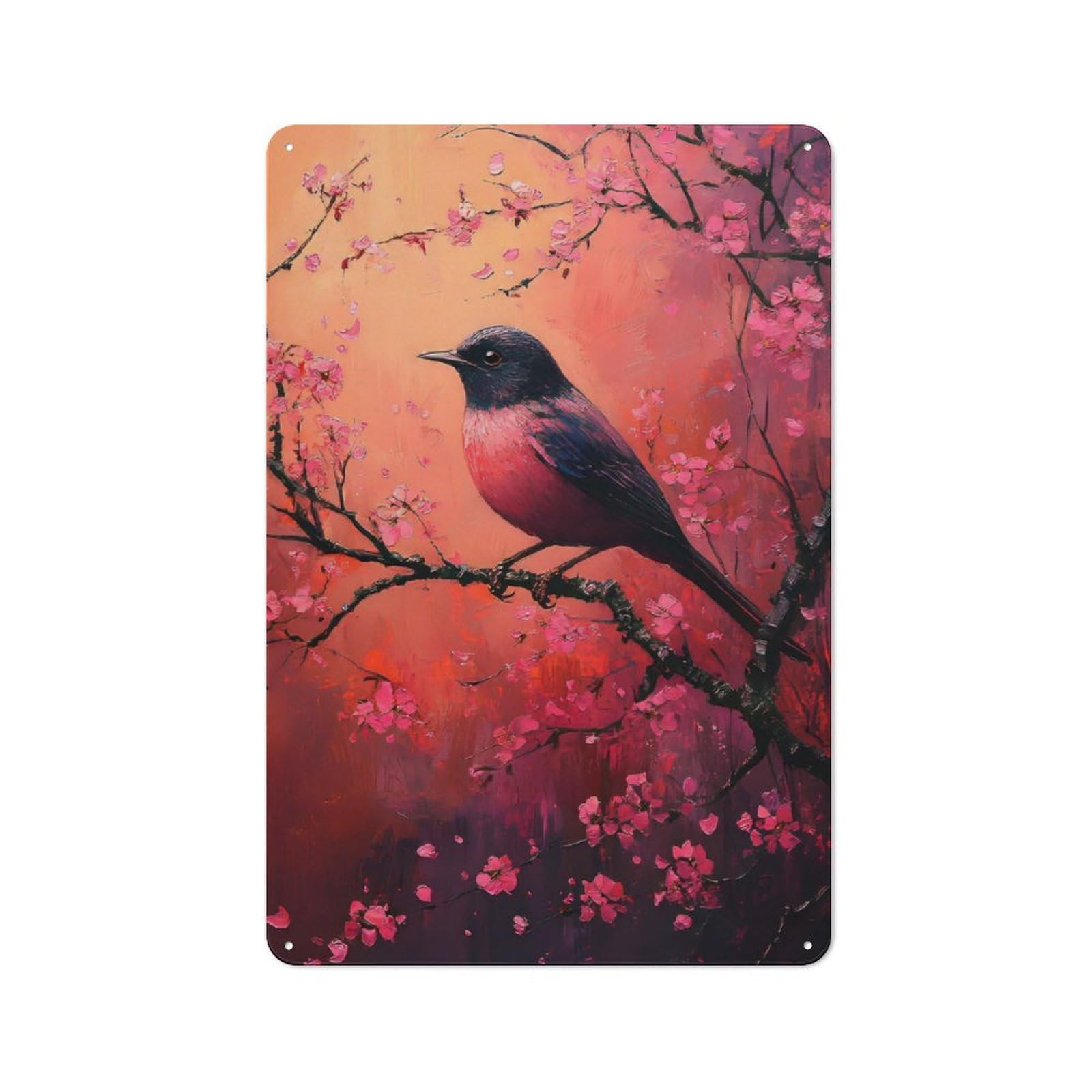 Junmoney Pink Bird On Cherry Blossom Branch Tin Wall Plaque 30X20cm With For Living Room Or Hallway, For Garage, Workshop And Man Cave Decoration