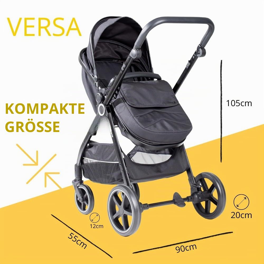 Interbaby Kinderwagen 2in1 Babywanne + Sportsitz ab Geburt 22 kg (Schwarz) | Kombikinderwagen 2in1 ab Geburt, große Babywanne + wendbarer Sportsitz, 4-Rad-Federung, Schnellfaltsystem