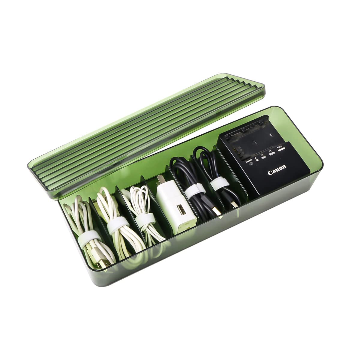 Tonxus Plastic Cable Management Box,Clear Power Wire Cord Organizer Box with 7 Compartments,Stackable Electronics Charger Storage Organizer Case for Drawer,Office,Desk (1, Green)