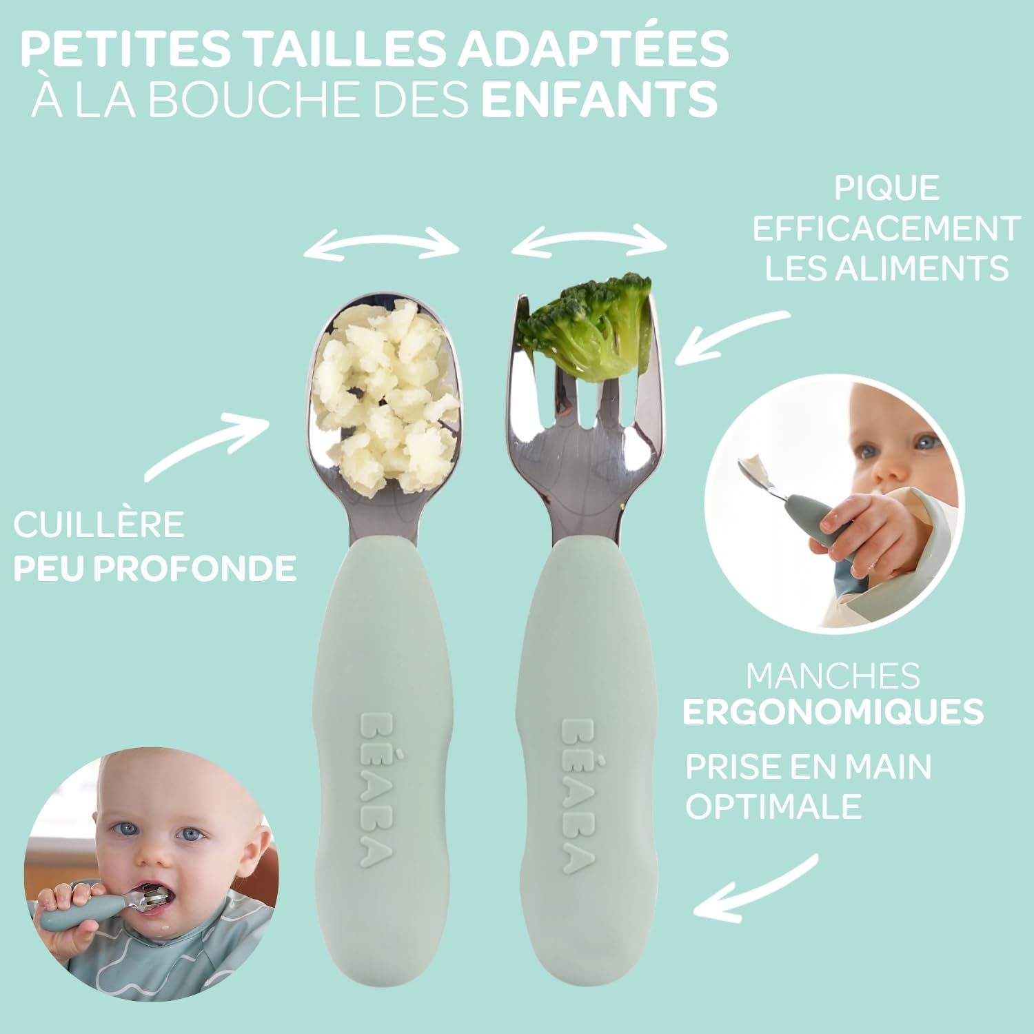 BÉABA Coffret Repas Bébé – Cadeau Naissance Complet Dès 4 Mois – Assiette Inox Micro-Ondes, Pré-Couverts Ergonomiques, Bavoir à Manches, Boîte Souvenir – Matériaux Sains et Durables, Vert Sauge