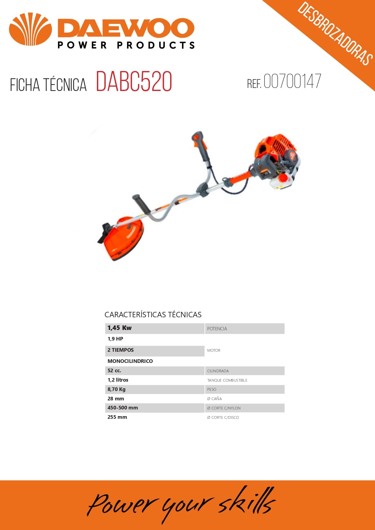 Daewo0 Desbrozadora a Gasolina DABC520, Motor 2T 52 CC 1,45 kW (1,9 HP), Caña 28 mm, Hilo Ø 450-500 mm y Disco Ø 255 mm, 8,7 kg