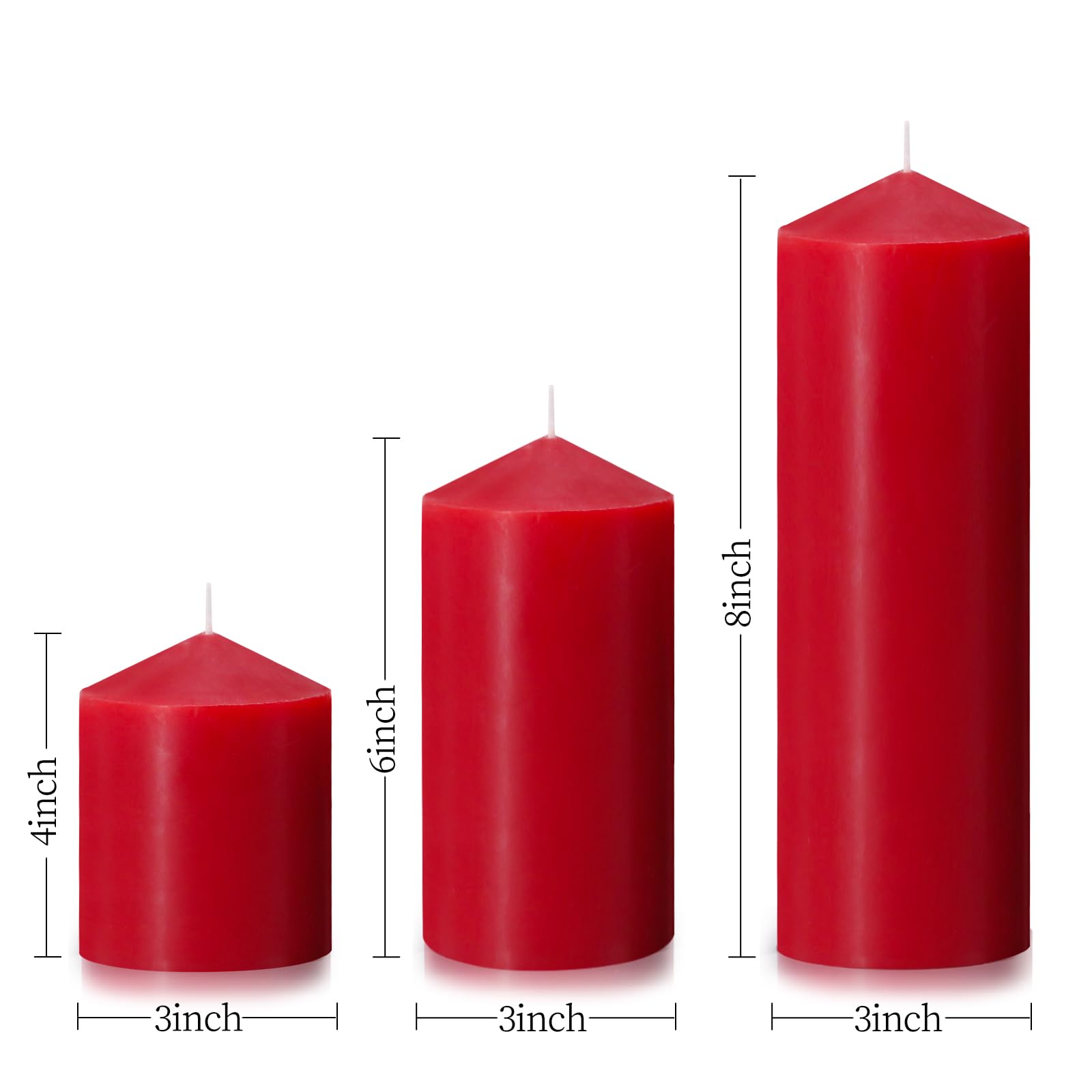 Velas de pilar de 3 x 4, 6 y 8 pulgadas, velas grandes hechas a mano, velas decorativas rojas para boda, decoración del hogar, cena, iglesia