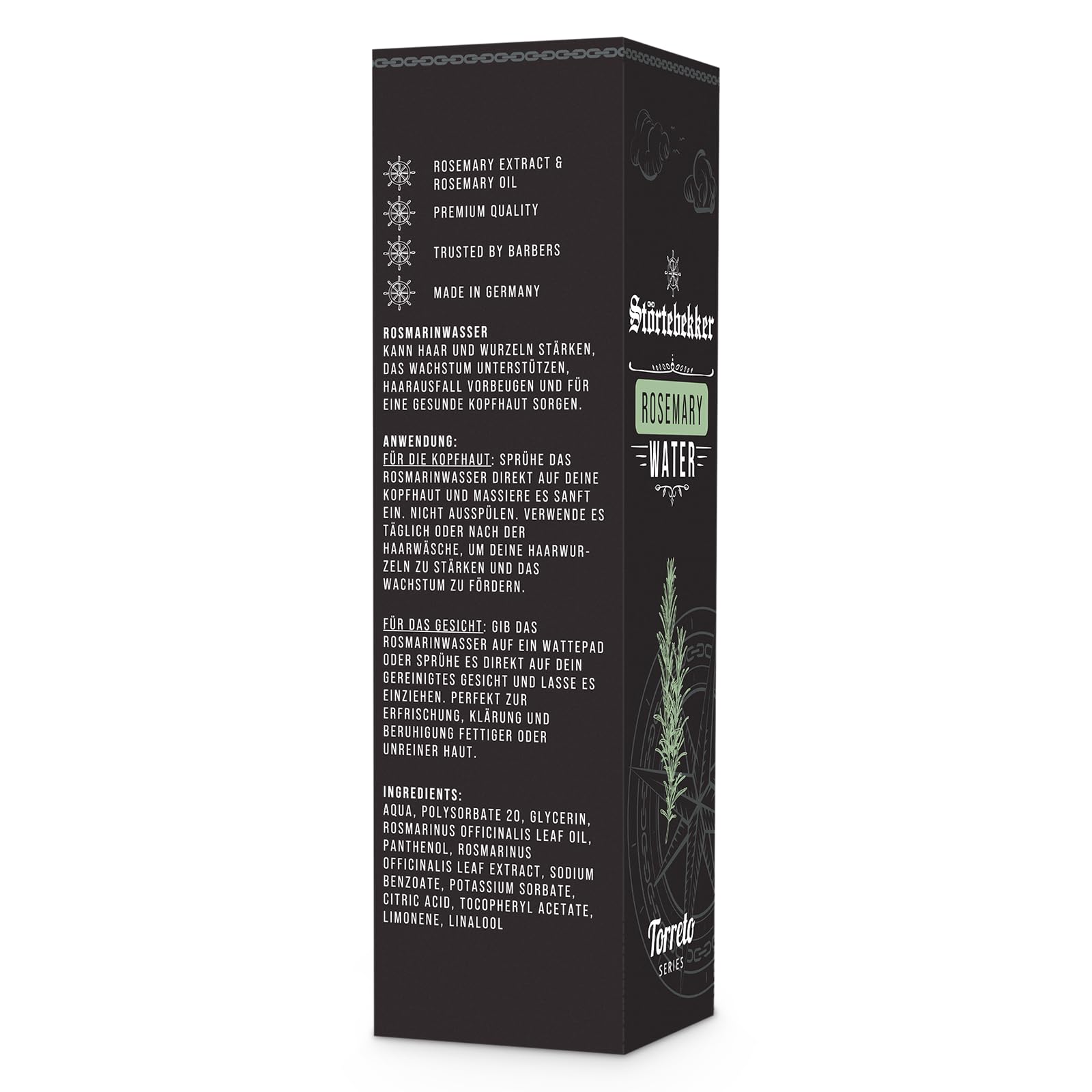 Störtebekker Eau de romarin premium – Spray hydratant naturel et rafraîchissant – Eau de romarin pour cuir chevelu gras et peaux à imperfections – Soin capillaire végétalien, sans silicone (125 ml)