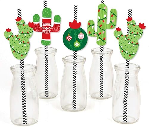 Big Dot of Happiness Merry Cactus - Pajitas de papel para decoración de Navidad con diseño de cactus a rayas, juego de 24