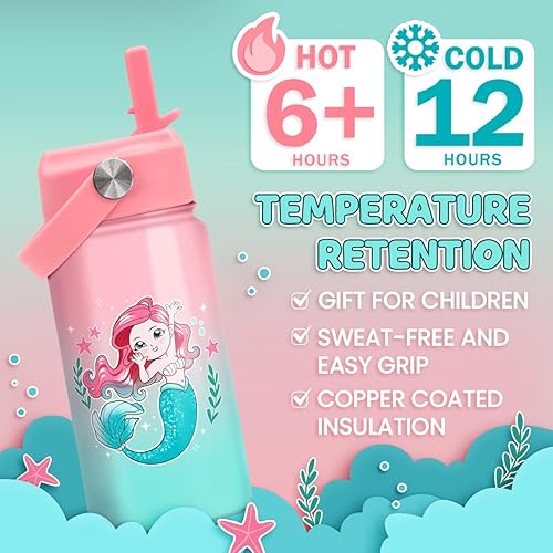 Miniatura 4 de Botella de agua de sirena para niñas, botella de agua para niños con tapa con popote, botellas de agua aisladas de acero inoxidable de 12 onzas para