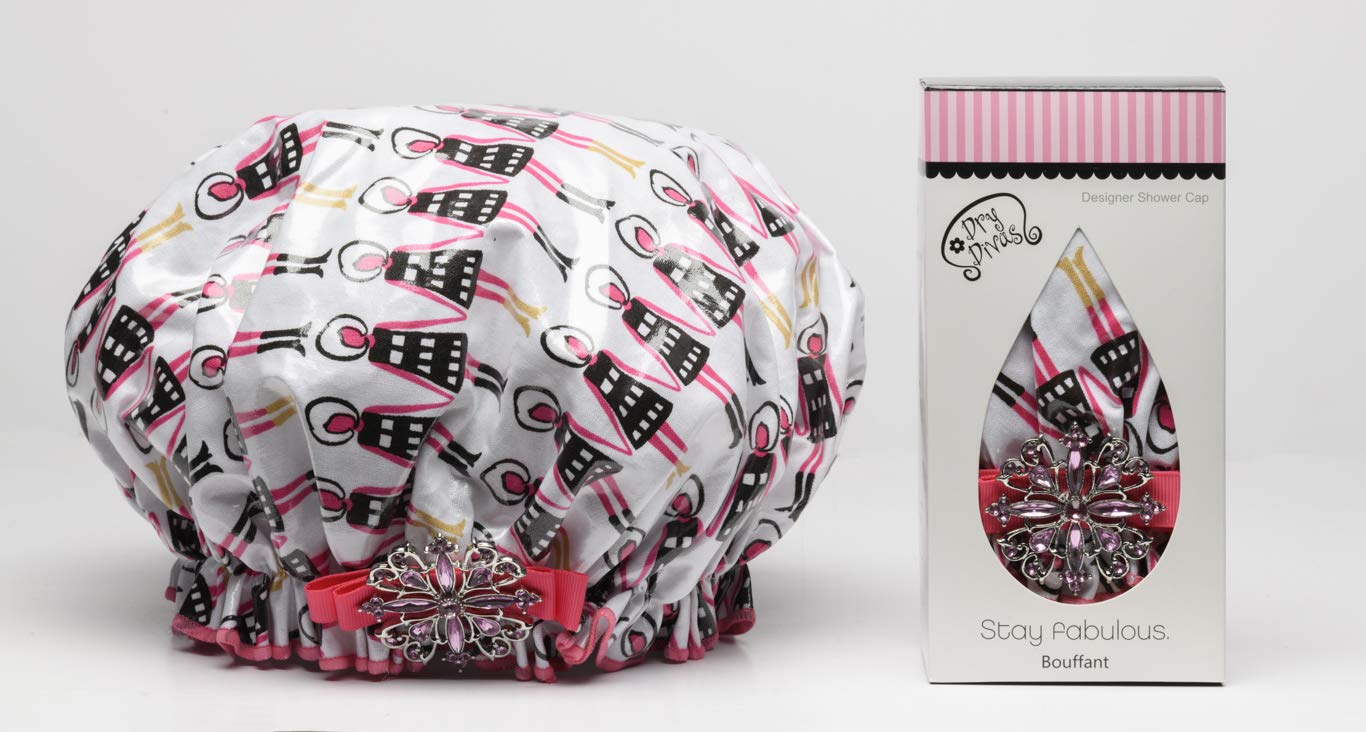 Dry Divas Designer Shower Cap For Women - Washable, Reusable - Large Bouffant Cap With Vintage Jewelled Brooch (Girlfriends)