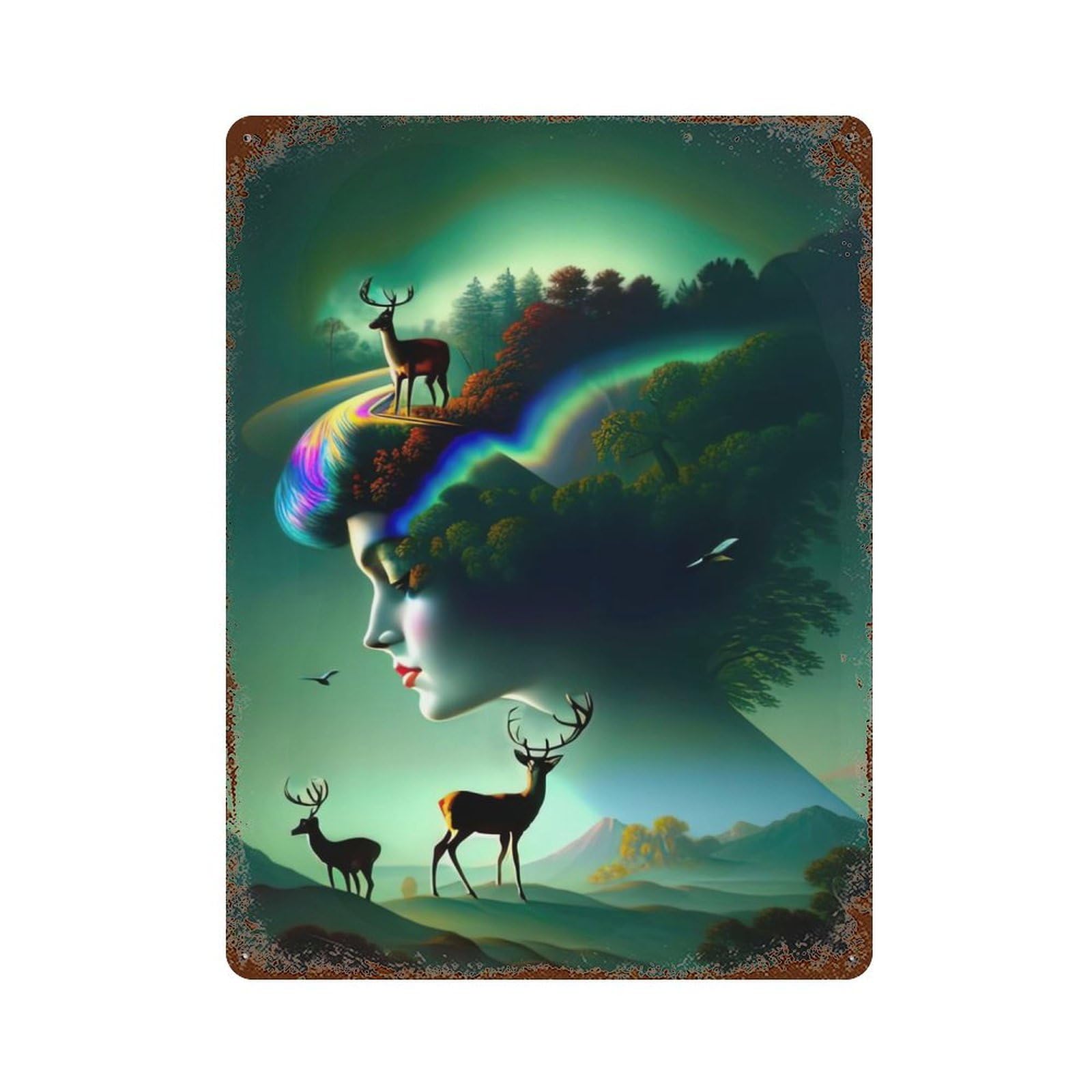 Deer Lady Aged Metal Wall Plaque 15.7"x11.8", for Pub, Kitchen And Man Cave Decor, Decorative Metal Wall Art