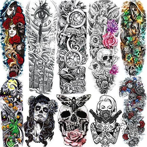 SANATA 10 Sheets Halloween Death Skull Skeleton Full Arm Temporary Tattoo Sleeve For
