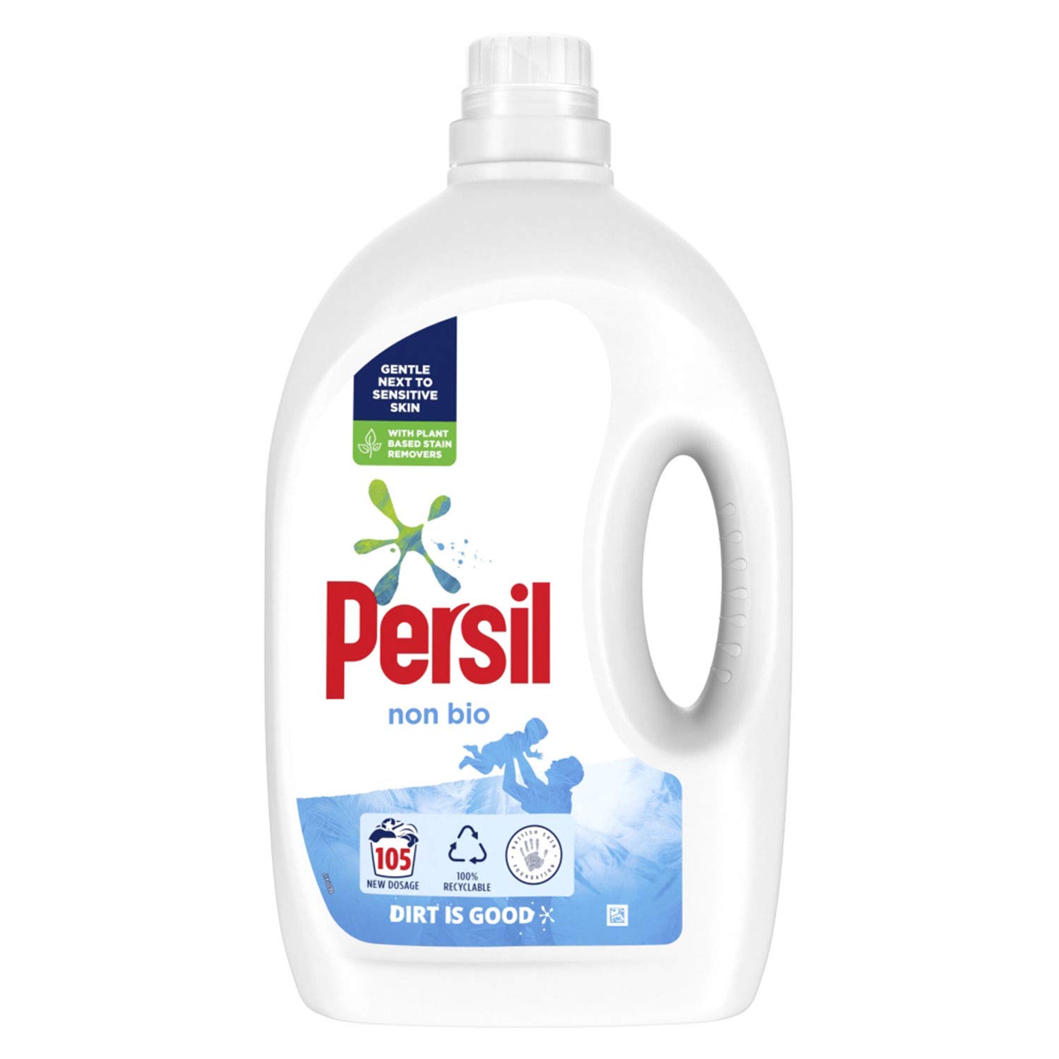 Persil Non-Bio Butelka w 100% nadająca się do recyklingu Płyn do prania Detergent do prania Odporna na plamy, delikatna dla skóry wrażliwej, 105 mycia 2,835 ml, opakowanie 2 szt