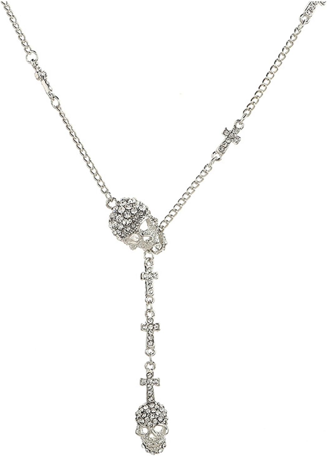 Halloween Skull Necklace for Women, Long Gothic Jewelry Cool Cross Rock Crystal Necklaces Silver