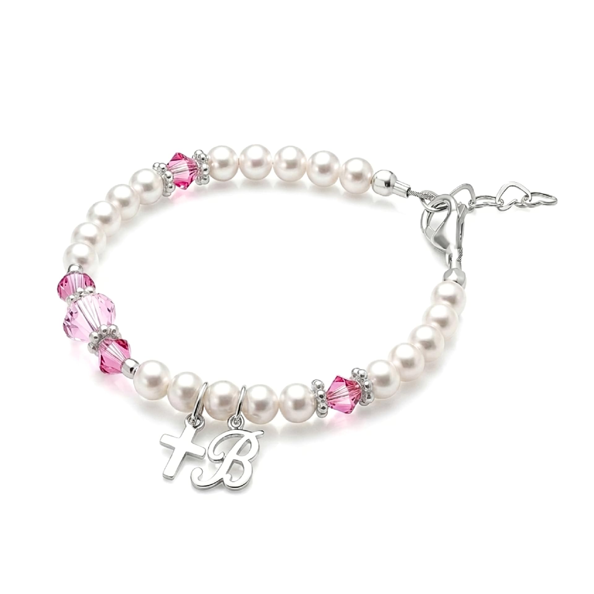 Baptism Bracelets | Cross Charm | Baby Pink Crystal &amp; White Pearl Bracelet