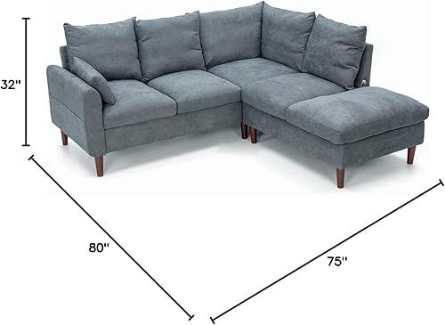 Miniatura 9 de Panana Sofá modular esquinero, sofá de tela de lino en forma de L de 5 asientos con diván de puerto USB integrado (gris, esquina de 5 plazas con