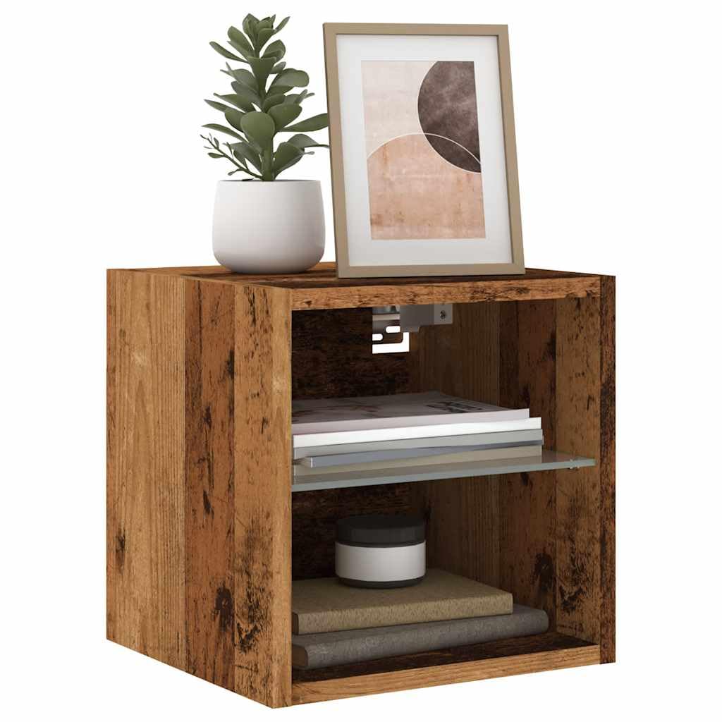 Set di 2 armadi da parete con illuminazione LED RGB, effetto legno antico, 30 x 28,5 x 30 cm, sospesi per soggiorno, camera da letto, centro intrattenimento