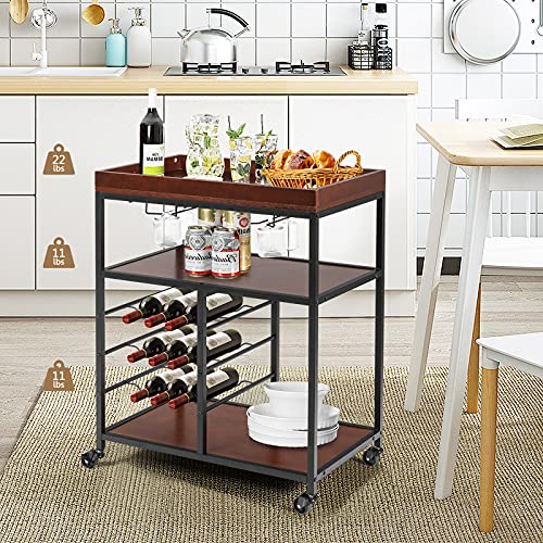 Carrito de cocina con botellero para 9 vinos y soporte de copas madera 3