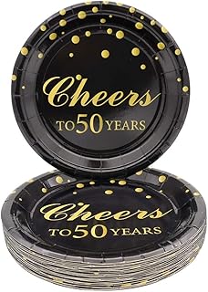 Pandecor Birthday Party Supplies 50PCS Disposable Paper Plates 7 Inch Dessert Plates for Anniversary Party (Gold Cheers to 50 Years)