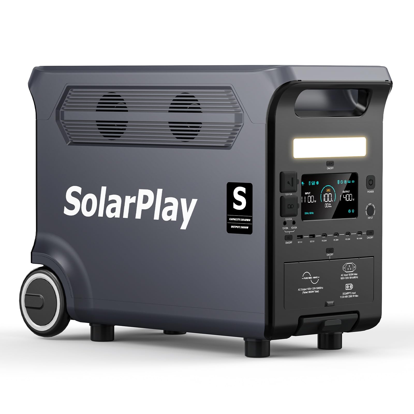 SolarPlay Q3600 Central eléctrica portátil 3600 W,Estación de energía solar 3840 Wh LiFePO4 Carga rápida 2.5h, Entrada solar 2000 W(max),UPS,Generador eléctrico portátil para hogar, (Q3600)